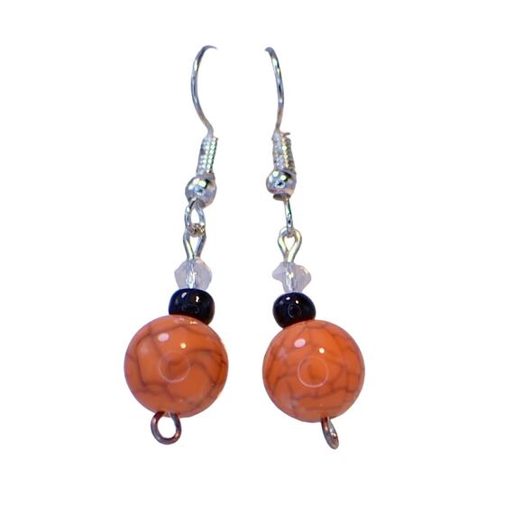 Orange & Black Glass Bead Earrings Handmade Sterling Silver - Picture 2 of 2
